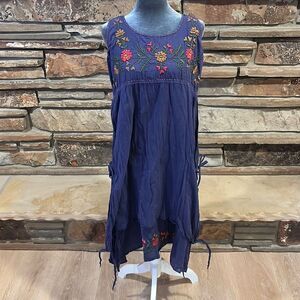 Vintage Ipekci Collection Blue Cotton Floral Embroidered Sleeveless Dress